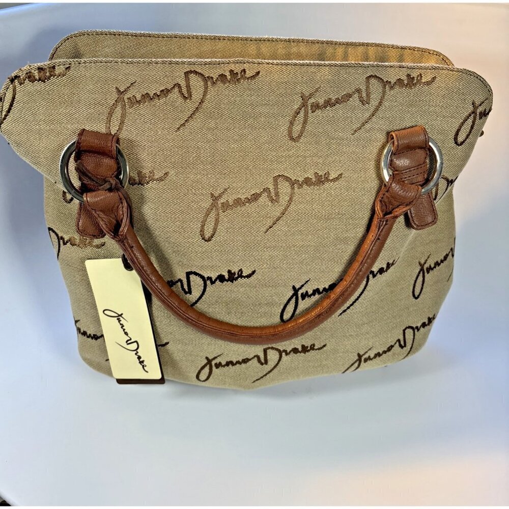JUNIOR DRAKE Beige Signature Canvas Carry On Tote Handbag With Brown Handle NWT